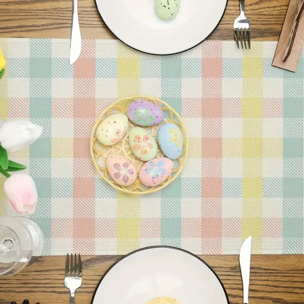 Happy Easter Patterned Bunnies Checkered Table Runner